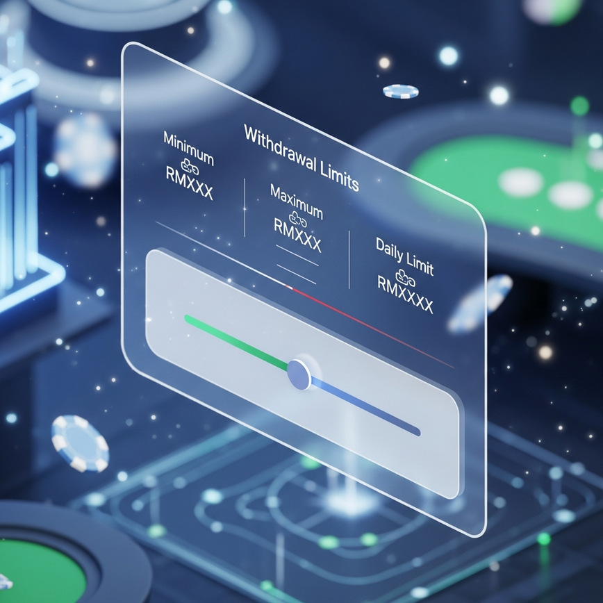 Visualizes the concept of DuitNow withdrawal limits and restrictions within an online casino platform.