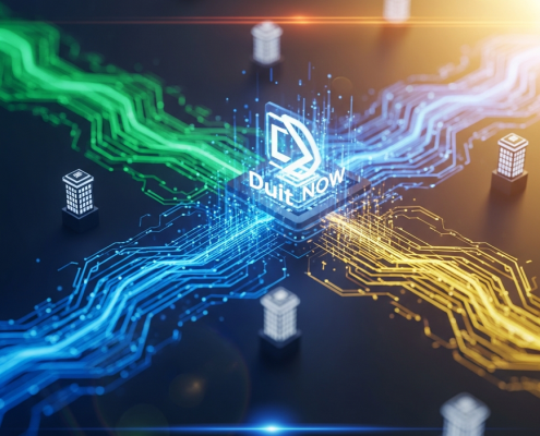 Dynamic digital representation of fast DuitNow money transfers between generic Malaysian bank icons, highlighting speed and secure online transactions with abstract data flows.