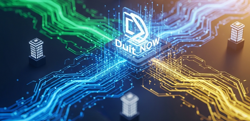 Dynamic digital representation of fast DuitNow money transfers between generic Malaysian bank icons, highlighting speed and secure online transactions with abstract data flows.
