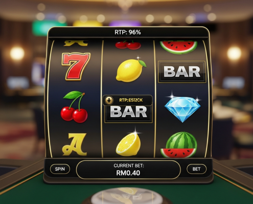 Vibrant online slot machine interface showing reels about to land on a winning combination, with a subtle 'RTP: 96%' display, symbolizing budget-friendly play for RM10-RM50 players.