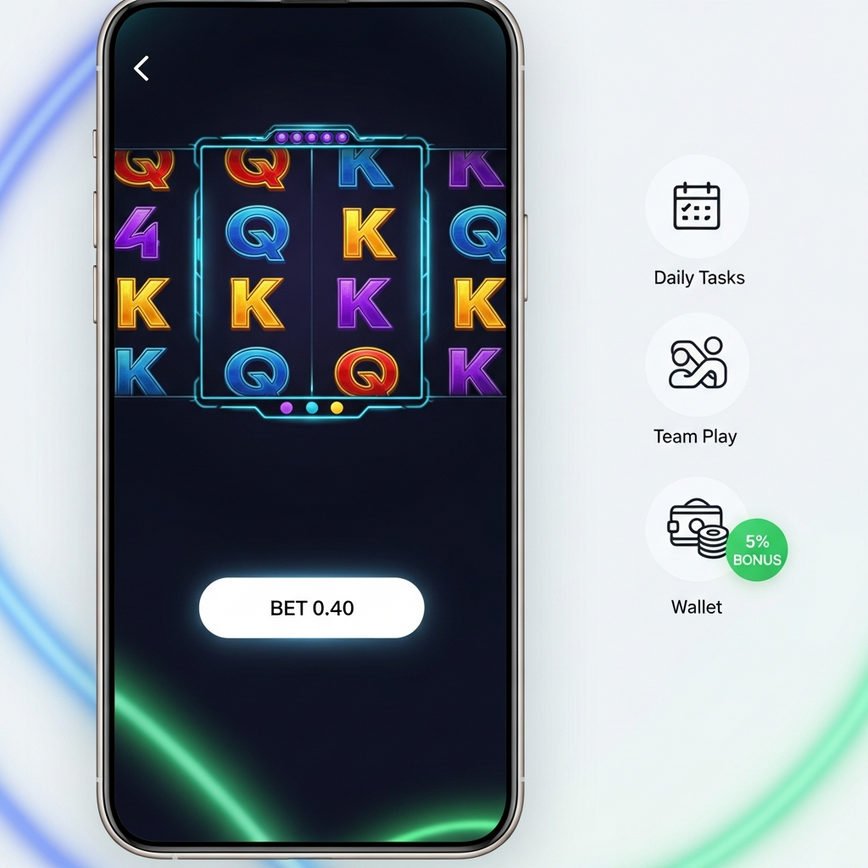 Menggambarkan strategi pertaruhan optimum dan ciri platform seperti Team Play dan tugasan harian untuk pemain bajet pada antara muka mudah alih.