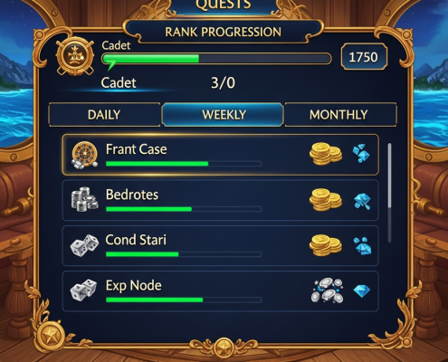 Pirate777 online casino quest system dashboard showing daily missions, gold coin rewards, diamond experience points, and player rank progression in a vibrant, pirate-themed interface.