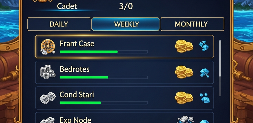 Pirate777 online casino quest system dashboard showing daily missions, gold coin rewards, diamond experience points, and player rank progression in a vibrant, pirate-themed interface.