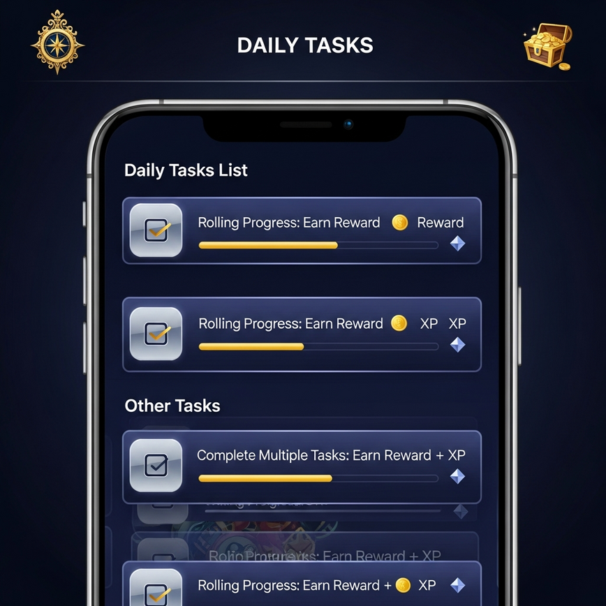 Illustrates the core 'Daily Tasks' and the 'Experience Points and Rank Progression System' within the Pirate777 platform.