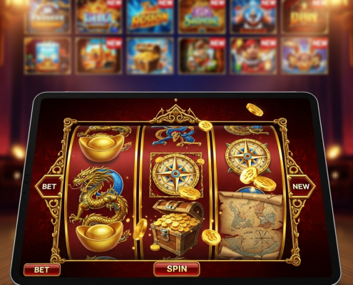 Dynamic online slot machine interface blending Asian mythology and pirate adventure themes, with 'NEW' badges, on a premium mobile casino platform, representing Apollo's 2026 releases.