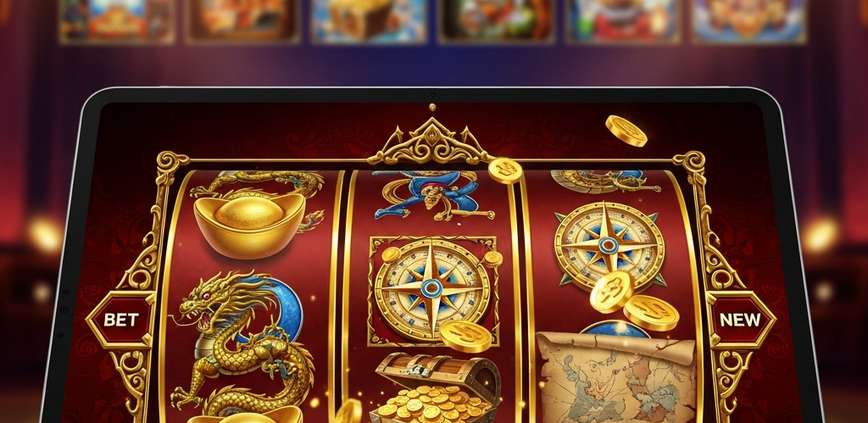 Dynamic online slot machine interface blending Asian mythology and pirate adventure themes, with 'NEW' badges, on a premium mobile casino platform, representing Apollo's 2026 releases.