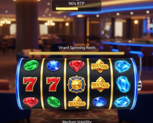 Premium online slot machine interface with vibrant graphics, displaying generic RTP and volatility indicators, representing Apollo slots on a Malaysian online casino platform.
