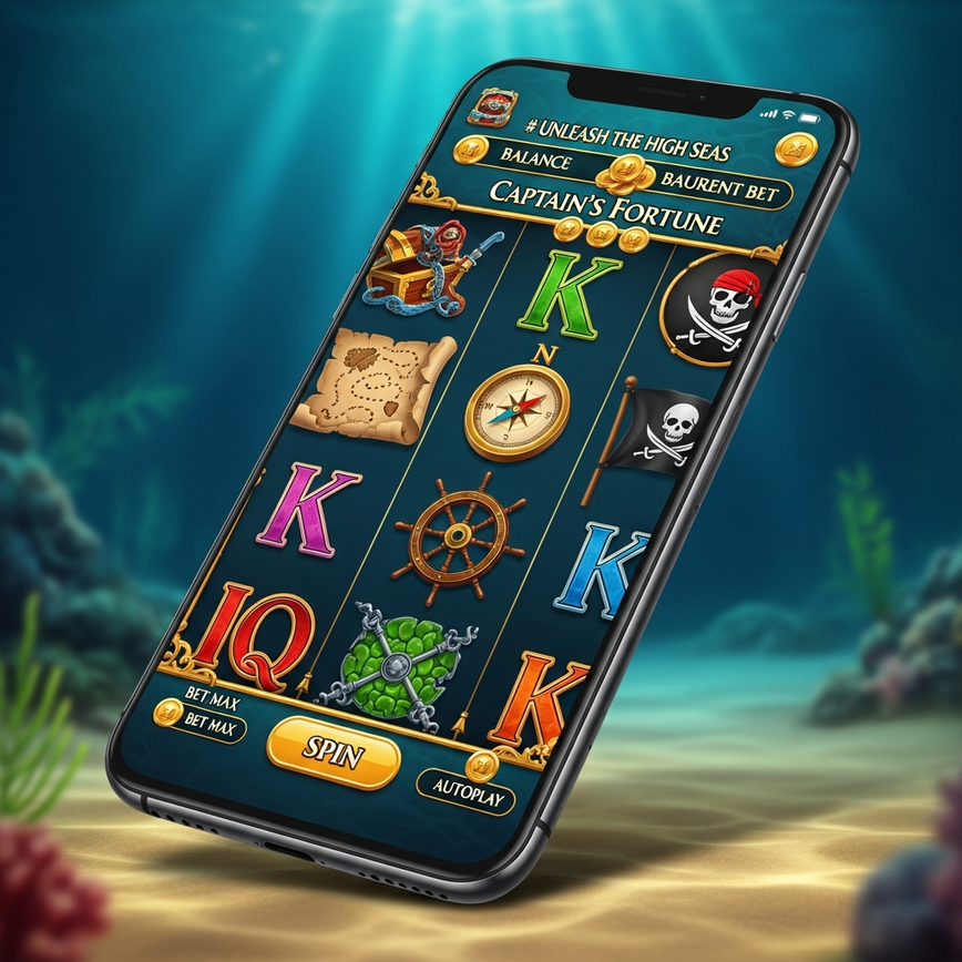 Depicts the mobile-first optimization of Apollo's 2026 releases, showcasing a pirate-themed slot ('Captain's Treasure') on a smartphone, emphasizing responsive design.