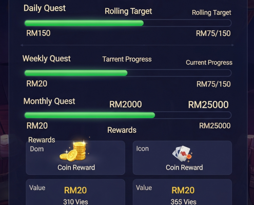 Vibrant online casino dashboard displaying a 'Pirate777' quest system with progress bars for daily, weekly, and monthly tasks, showing coin and XP rewards against a subtle pirate-themed background.