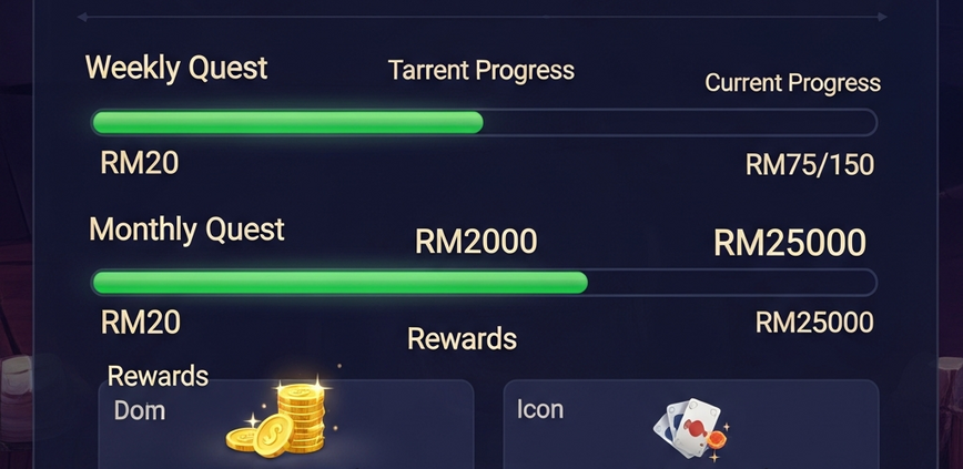 Vibrant online casino dashboard displaying a 'Pirate777' quest system with progress bars for daily, weekly, and monthly tasks, showing coin and XP rewards against a subtle pirate-themed background.
