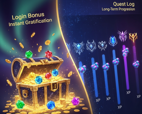 Dynamic online casino interface visually contrasting instant login bonuses with progressive quest rewards, featuring a glowing treasure chest and a quest log with progress bars.