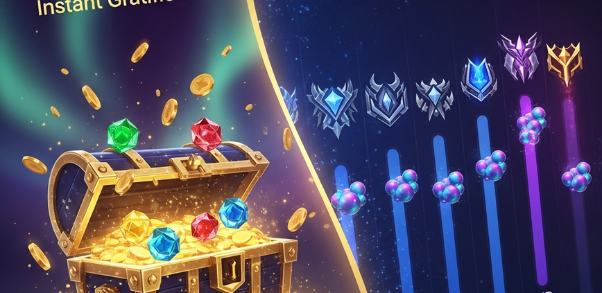 Dynamic online casino interface visually contrasting instant login bonuses with progressive quest rewards, featuring a glowing treasure chest and a quest log with progress bars.
