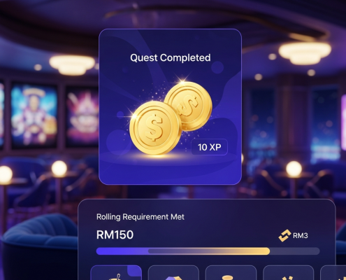 Vibrant online casino daily quests dashboard showing a completed quest, gold coin rewards, and XP gain with a progress bar for rolling requirements.