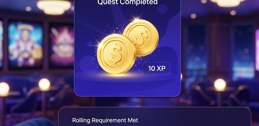 Vibrant online casino daily quests dashboard showing a completed quest, gold coin rewards, and XP gain with a progress bar for rolling requirements.