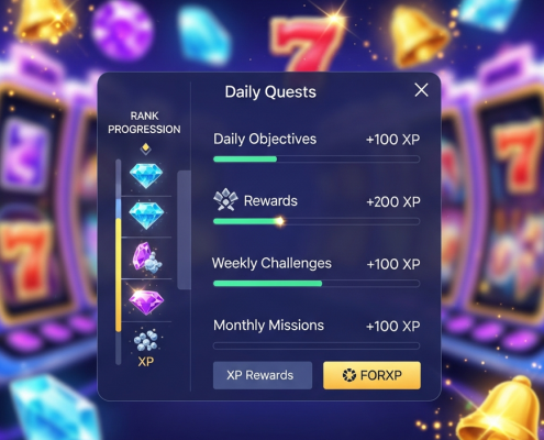 A modern online casino dashboard showcasing a task-based reward system with clear daily, weekly, and monthly quest progress bars, XP accumulation, and rank progression, set against a backdrop of vibrant slot game graphics.