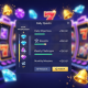A modern online casino dashboard showcasing a task-based reward system with clear daily, weekly, and monthly quest progress bars, XP accumulation, and rank progression, set against a backdrop of vibrant slot game graphics.