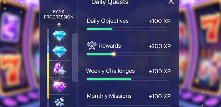 A modern online casino dashboard showcasing a task-based reward system with clear daily, weekly, and monthly quest progress bars, XP accumulation, and rank progression, set against a backdrop of vibrant slot game graphics.