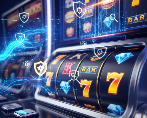 High-tech online slot machine interface with abstract data streams and security icons, symbolizing independent lab testing for fairness and RNG certification.