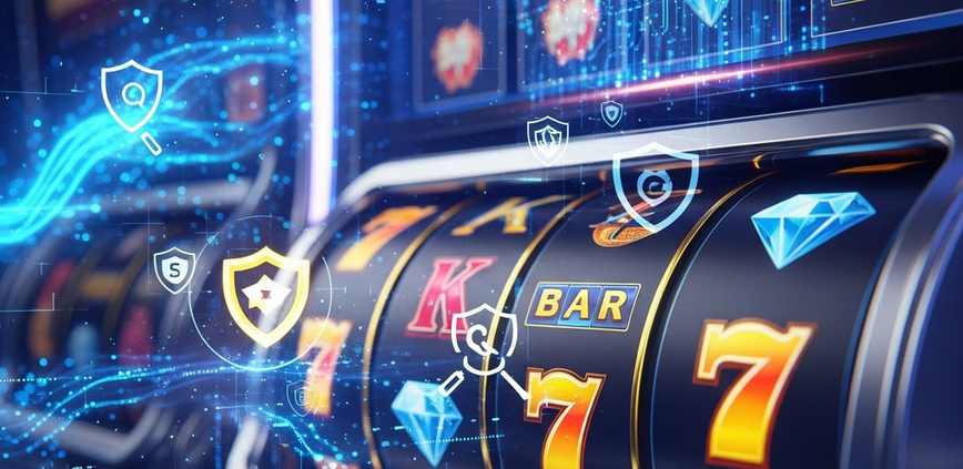 High-tech online slot machine interface with abstract data streams and security icons, symbolizing independent lab testing for fairness and RNG certification.