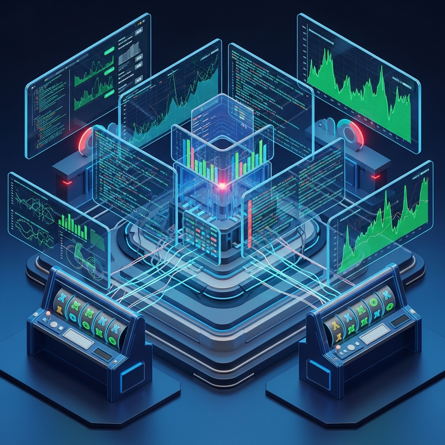 Illustrates the technical process of Random Number Generator (RNG) testing by independent laboratories, showing code analysis and statistical verification.