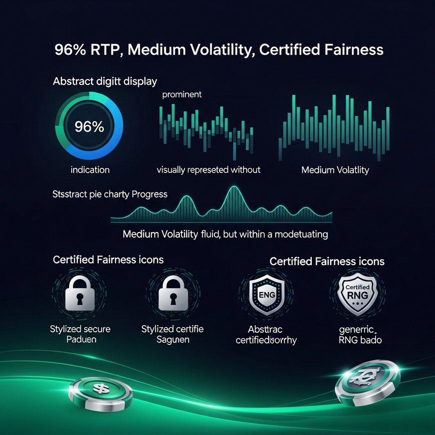 Illustrates the abstract concepts of RTP (Return to Player) and Volatility (variance) in a visually engaging way, specifically for Apollo slots' consistent 96% RTP and medium volatility, emphasizing fairness and certification.