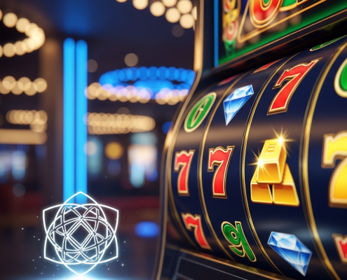 Vibrant online slot machine interface with generic jackpot symbols, overlaid with a glowing 'Certified RNG' badge, set against a luxurious, modern casino lobby background, symbolizing fair play and trust for Malaysian slot players.