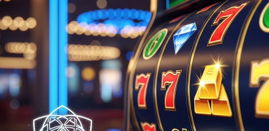Vibrant online slot machine interface with generic jackpot symbols, overlaid with a glowing 'Certified RNG' badge, set against a luxurious, modern casino lobby background, symbolizing fair play and trust for Malaysian slot players.