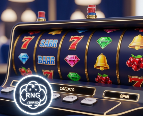 A modern online slot machine interface displaying spinning reels with generic winning symbols and a prominent digital badge indicating 'Certified Fair' and 'RNG Verified' for player trust and game integrity.