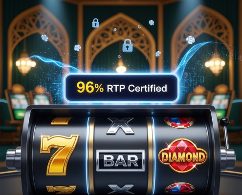Vibrant online slot machine interface displaying '96% RTP Certified' with spinning reels, set against a luxurious, high-tech Malaysian online casino backdrop, symbolizing audited fairness and player confidence.
