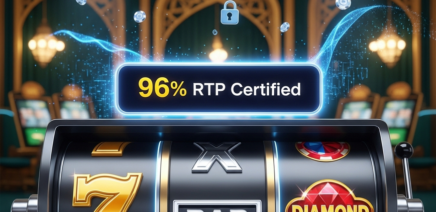 Vibrant online slot machine interface displaying '96% RTP Certified' with spinning reels, set against a luxurious, high-tech Malaysian online casino backdrop, symbolizing audited fairness and player confidence.