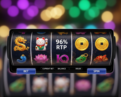 Vibrant online slot machine interface featuring Asian-themed symbols like dragons and lucky cats, with a prominent '96% RTP' display, representing YGR slots for Malaysian players.