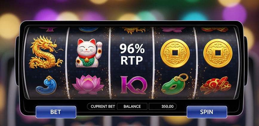 Vibrant online slot machine interface featuring Asian-themed symbols like dragons and lucky cats, with a prominent '96% RTP' display, representing YGR slots for Malaysian players.