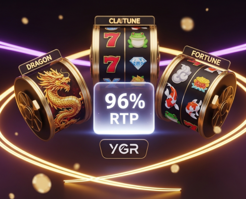 A luxurious display of YGR online slots, with a central glowing '96% RTP' emblem surrounded by diverse game themes like dragons and classic 7s, highlighting the uniform return rate.