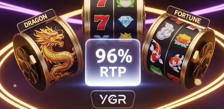 A luxurious display of YGR online slots, with a central glowing '96% RTP' emblem surrounded by diverse game themes like dragons and classic 7s, highlighting the uniform return rate.