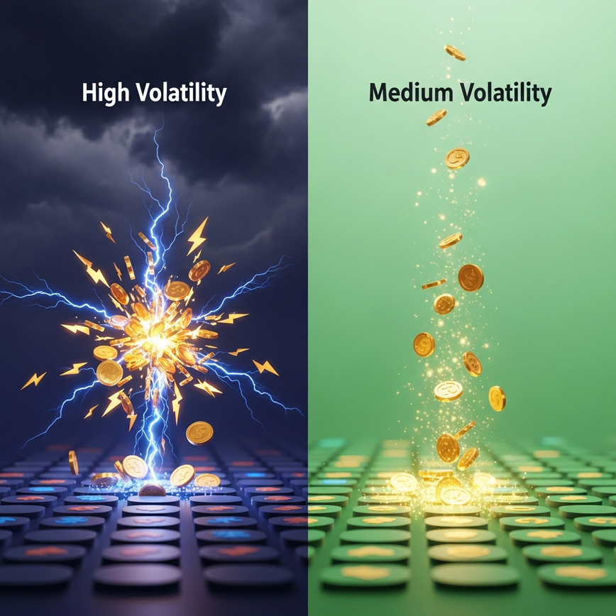 To visually explain the concept of game volatility, contrasting the high-risk, high-reward nature of some games with the steadier, balanced gameplay of others.