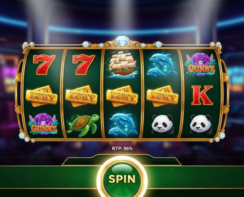 Vibrant online slot machine interface with spinning reels displaying classic and themed symbols like pirates, pandas, and ocean creatures, set against a luxurious digital casino background, highlighting a '96% RTP' display for Malaysian players.