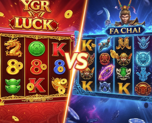 A split-screen comparison of two Asian-themed online slot providers. The left side shows a traditional YGR-style slot with gold dragons and lucky symbols. The right side shows a cinematic Fa Chai-style slot with a mythological character.
