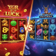 A split-screen comparison of two Asian-themed online slot providers. The left side shows a traditional YGR-style slot with gold dragons and lucky symbols. The right side shows a cinematic Fa Chai-style slot with a mythological character.
