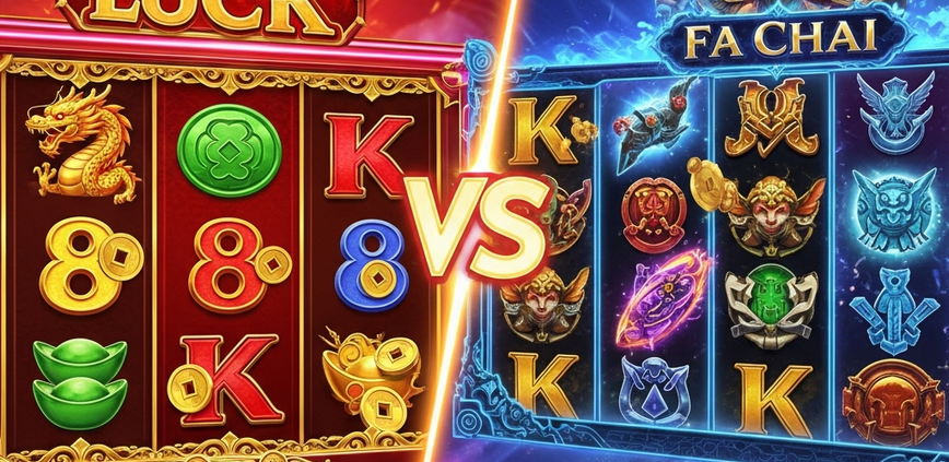 A split-screen comparison of two Asian-themed online slot providers. The left side shows a traditional YGR-style slot with gold dragons and lucky symbols. The right side shows a cinematic Fa Chai-style slot with a mythological character.
