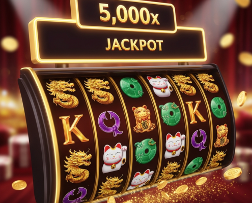 A luxurious online slot machine from Fa Chai showing a jackpot win, with Asian-themed symbols like dragons and fortune cats on the reels and a 5,000x jackpot display.