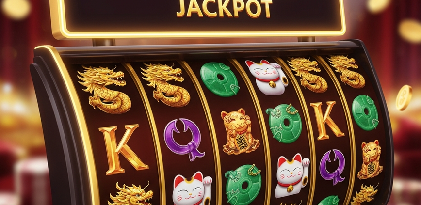 A luxurious online slot machine from Fa Chai showing a jackpot win, with Asian-themed symbols like dragons and fortune cats on the reels and a 5,000x jackpot display.