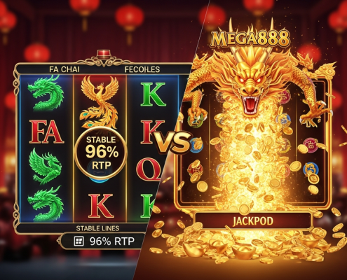A dramatic comparison of two Chinese-themed online slots: one side shows a stable, high-RTP game with jade dragons, the other an explosive progressive jackpot game with a golden dragon and overflowing coins.