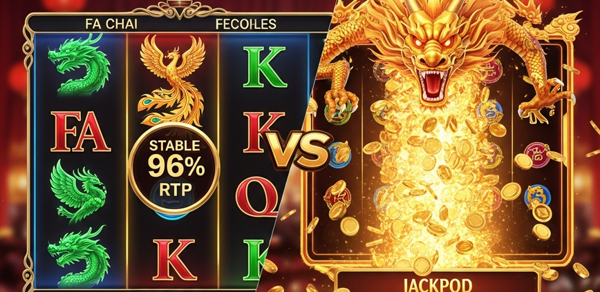 A dramatic comparison of two Chinese-themed online slots: one side shows a stable, high-RTP game with jade dragons, the other an explosive progressive jackpot game with a golden dragon and overflowing coins.