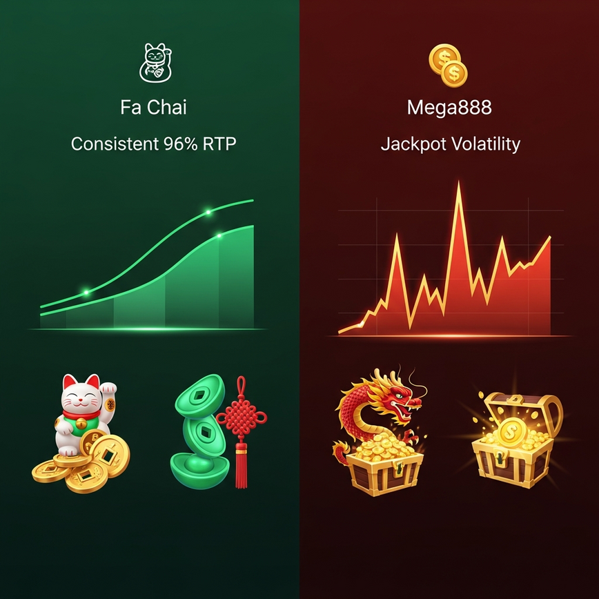 To visually explain the core difference in game mathematics between Fa Chai's consistent RTP and Mega888's high volatility driven by progressive jackpots.