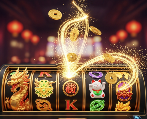 A close-up of a Fa Chai themed online slot machine with vibrant, glowing symbols of a golden dragon and a fortune cat, set against a luxurious, dark casino background.