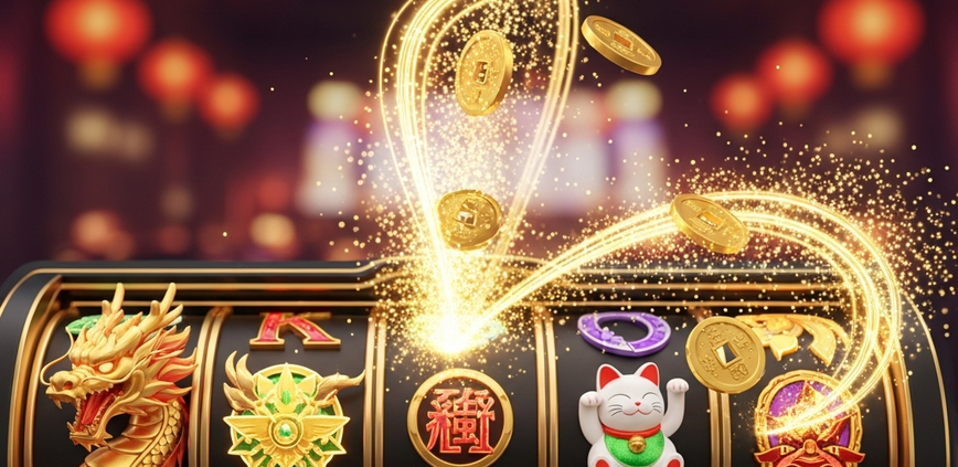 A close-up of a Fa Chai themed online slot machine with vibrant, glowing symbols of a golden dragon and a fortune cat, set against a luxurious, dark casino background.