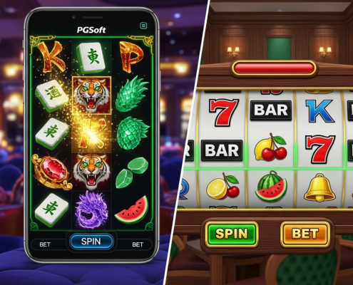 A visual comparison of two online slot game interfaces: one side showing a modern, cinematic 3D slot with vibrant Asian-themed graphics and mobile-first design (PGSoft style), and the other side displaying a classic slot with clear 2D symbols and traditional paylines (Apollo style), set against a luxurious online casino backdrop.
