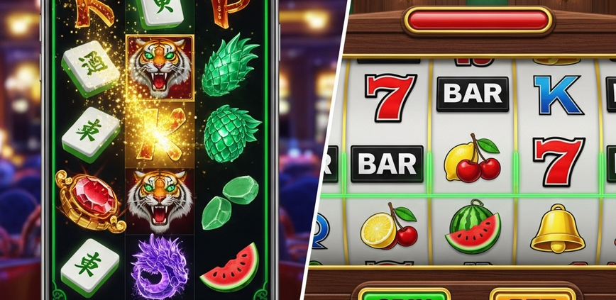 A visual comparison of two online slot game interfaces: one side showing a modern, cinematic 3D slot with vibrant Asian-themed graphics and mobile-first design (PGSoft style), and the other side displaying a classic slot with clear 2D symbols and traditional paylines (Apollo style), set against a luxurious online casino backdrop.