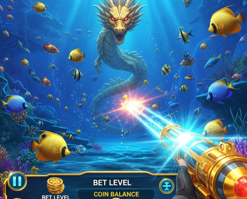 An exciting first-person view of a Fa Chai-style online fish shooting game, showing a golden cannon aiming at colorful fish in a vibrant underwater setting.