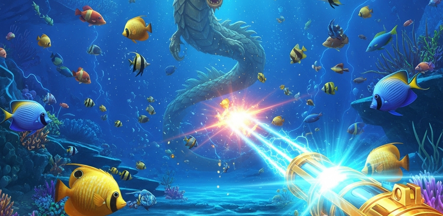 An exciting first-person view of a Fa Chai-style online fish shooting game, showing a golden cannon aiming at colorful fish in a vibrant underwater setting.